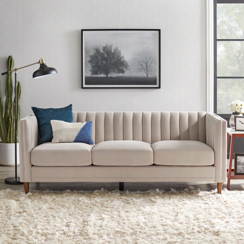 Lifestorey Paxton Channel Back Tuxedo Sofa in Taupe Velvet $889.49