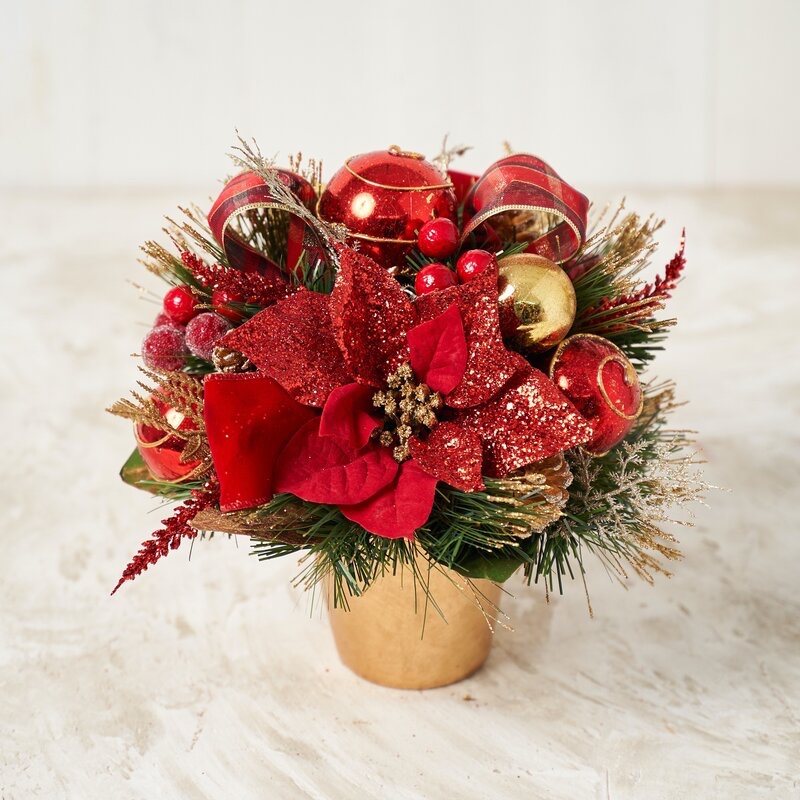 The Holiday Aisle Plaid Ribbon Poinsettia Centerpiece in Pot $71.99