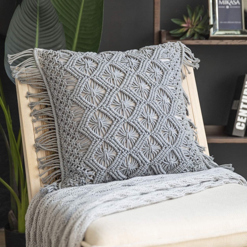 Phantoscope Crochet Diamond Woven Boho Fringe Pillow in Grey $28.99